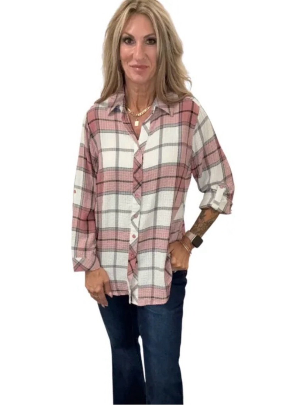 Hester & Orchard Women’s Button down Pink plaid top. SZ L NWT